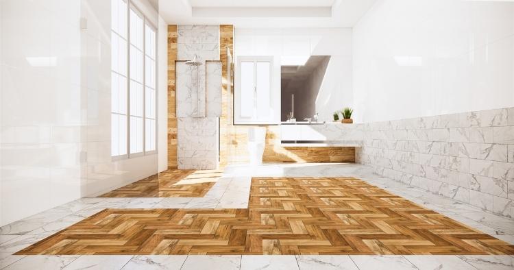 Inneneinrichtung - dunkles und warmes Holz und Marmor